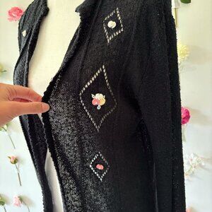 Vintage Black Cardigan with Embroidered Floral Design
